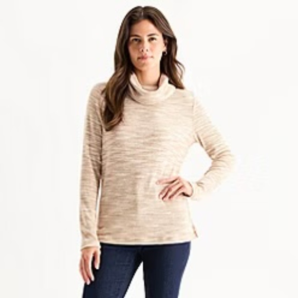 Dressbarn Sz L Pullover Turtleneck Cream Gold Stretch Long Sleeve Side Slits - Picture 1 of 9